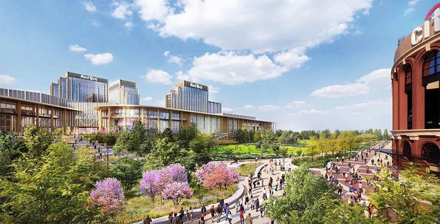 Rendering of Metropolitan Park with people walking in a park